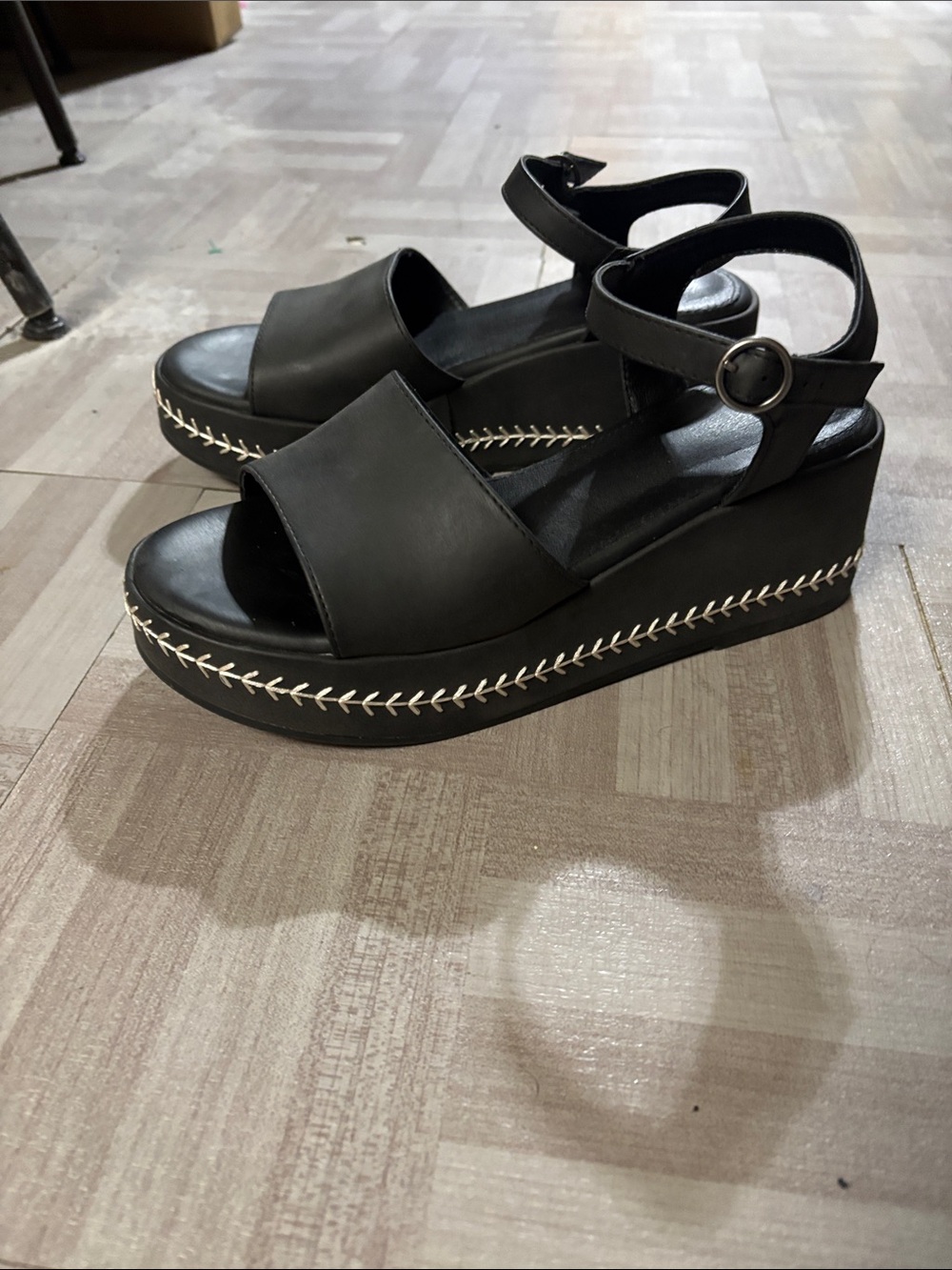 Maurices Black Platform Ankle-Strap Sandals with White Stitch Detail